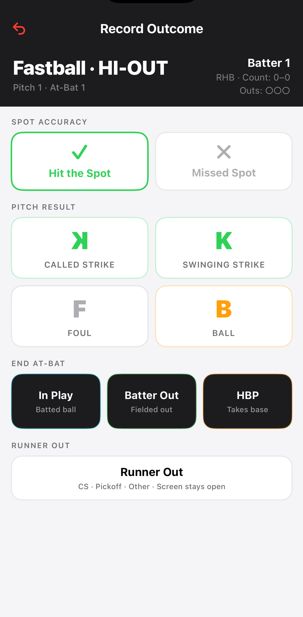 PitchKallr record outcome screen — spot accuracy, pitch result, and end at-bat options