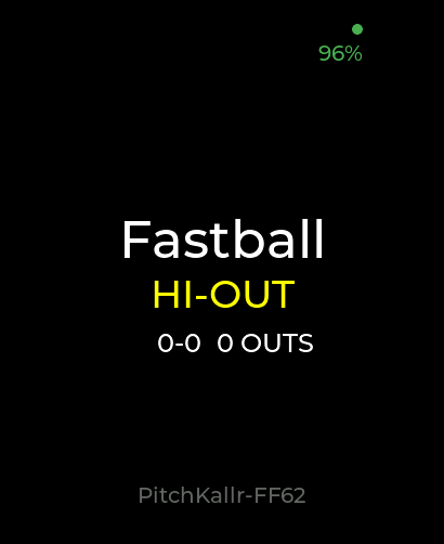 PitchKallr Watch screen showing the call: Fastball, HI-OUT, count 0-0, 0 outs